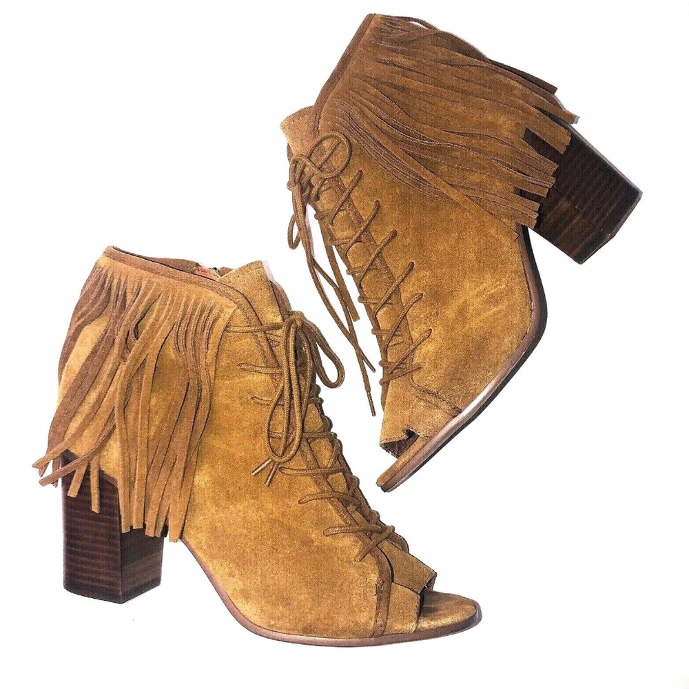 Steve Madden Fringe Newporte Booties Brown Suede Lace Up Heels Western Sz 9B